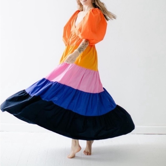 ANTHROPOLOGIE Farm Rio Tiered Colorblocked Maxi Dress XXS Petite Maximalist Boho - Picture 11 of 16